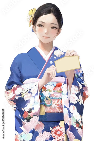 Fototapeta 絵馬を持っている青い振袖を着た女性