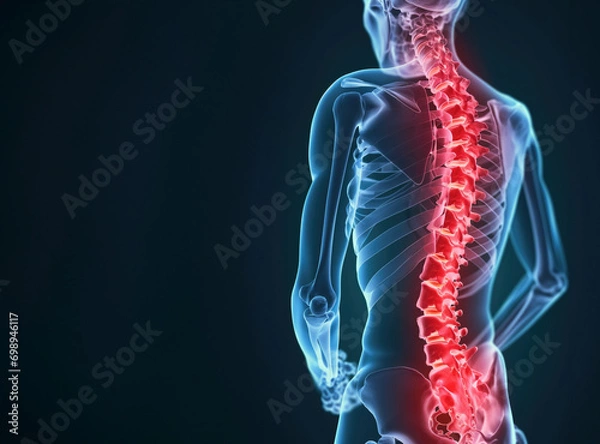 Fototapeta 3D model of human body with highlighted bones and spine in red colour showing the painful place