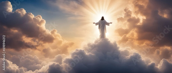 Fototapeta The resurrected Jesus Christ ascending to heaven above the bright light sky and clouds and God, Heaven and Second Coming concept