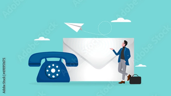Fototapeta contact us via email illustration with businessman businessman standing next to mail and telephone to send message. businessman communication with customer or client. business information by email