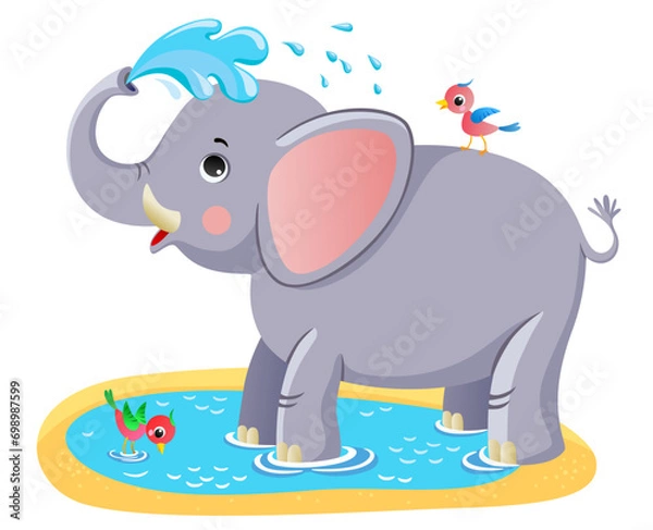 Obraz cute elephant pouring water on himself