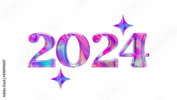 Obraz Holographic Iridescent 2024 Banner. New Year Banner with the number "2024" and stars illustrated in 3D style with a vibrant holographic purple texture. Isolated on white background.