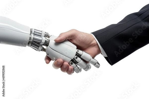 Fototapeta Hand of a man in a suit shaking hands with a modern ai robot. Concept of human agreement with artificial intelligence