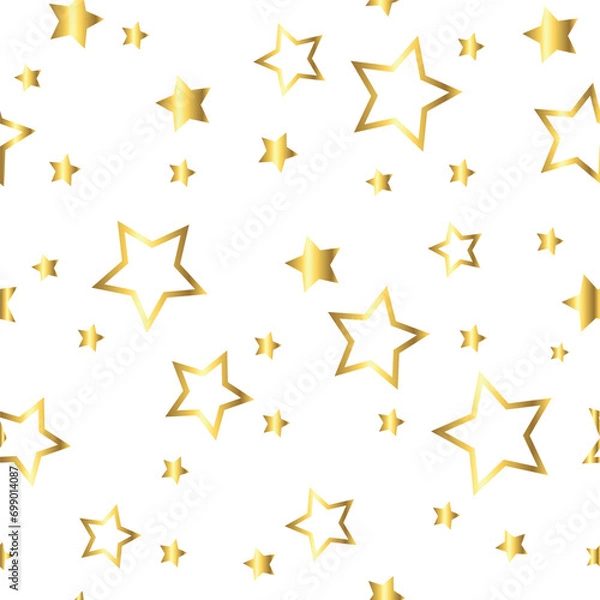 Fototapeta Gold flying stars, trendy seamless pattern. Festive decor, gold sparkles confetti on a white background. for print, postcard, paper, banner. vector illustration.