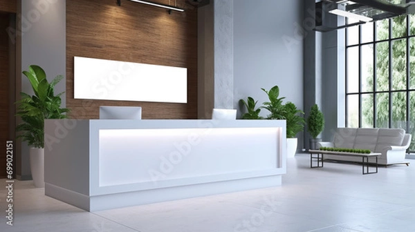 Fototapeta Contemporary office lobby with illuminated reception and wooden accents. Modern style. Generative AI
