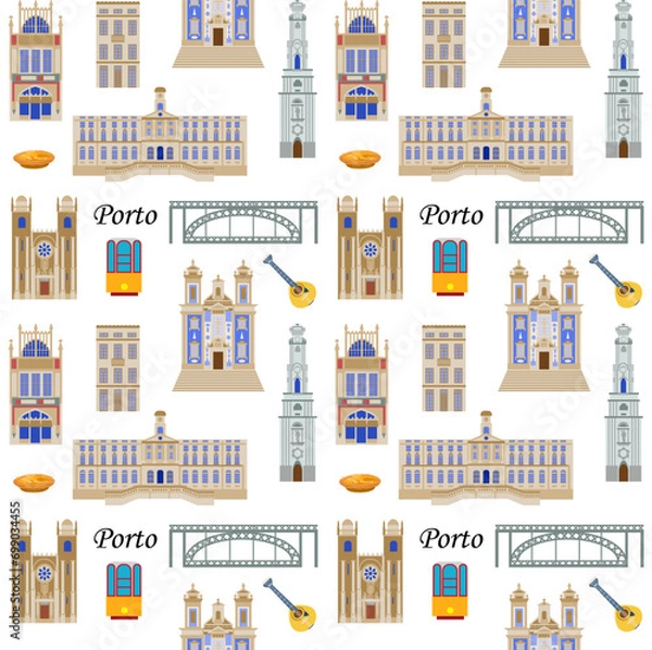 Fototapeta Seamless pattern with the sights of Porto Portugal, the illustration is made in a flat style for wallpaper background, gift packaging, souvenir product design, postcards and notebooks for tourists