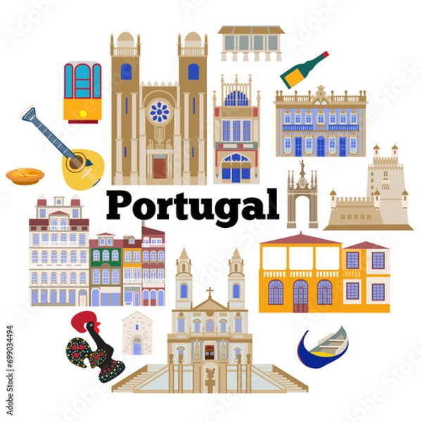 Fototapeta Set with landmarks of Portugal, the illustration is made in a flat style for wallpaper background, gift packaging, souvenir product design, postcards and notebooks for tourists
