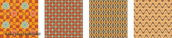 Fototapeta A retro style seamless patterns set with a hippie flower aesthetic design, vector background. Print surface for textiles, wrapping, and webs.