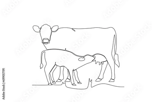 Obraz One single line drawing of Cows nursing their calves. Mascot emblem concept for animal husbandry image. Modern continuous line graphic draw design vector illustration