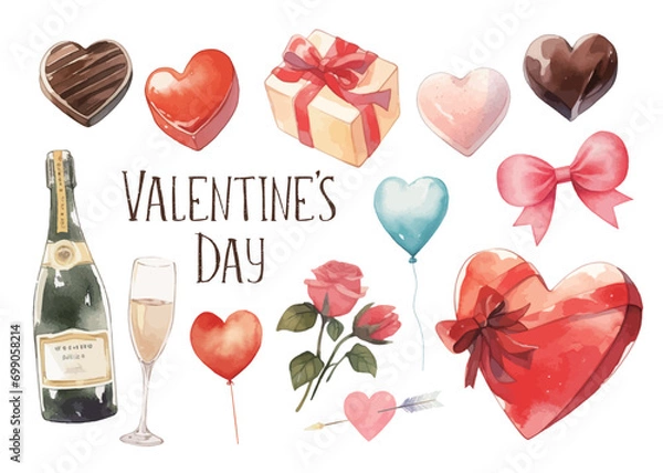 Obraz 水彩で描いたバレンタインデーのイラストセット