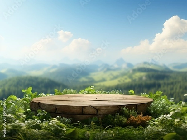 Obraz Natural podium product display with leaves tropical forest background