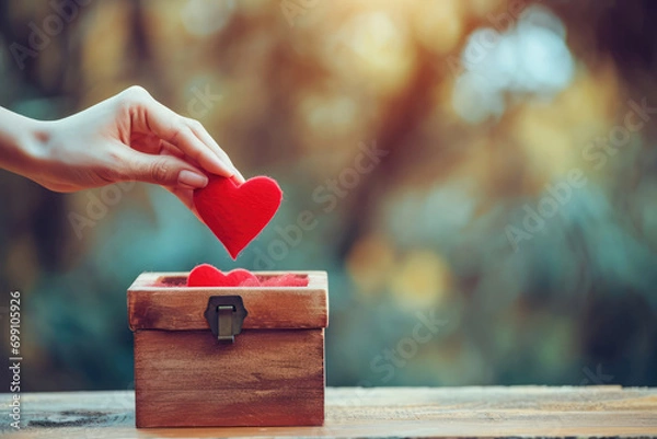 Obraz Hand Puts Red Heart Into Donation Box