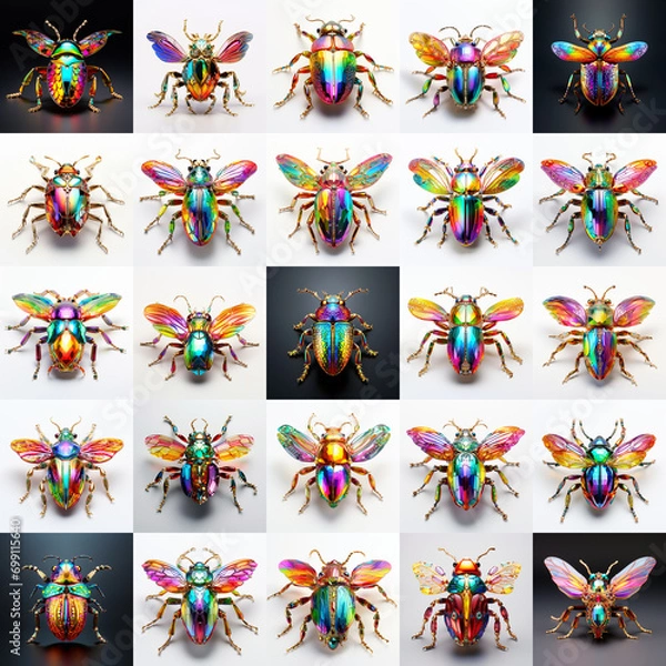 Fototapeta Colourful jewellery-like insects created by using generative AI tools. Beautiful shapes and materials. Each image from 25 has 1024x1024 pixels and is very sharp and beautifully detailed.