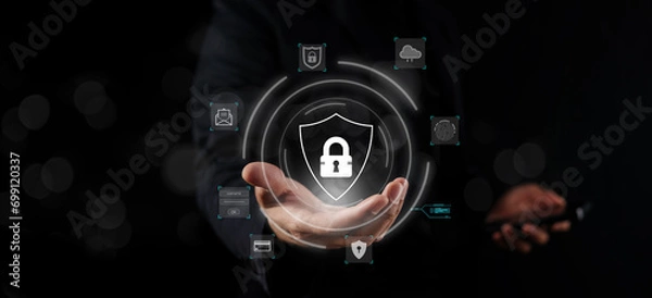 Fototapeta Internet network data protection, concept of cybersecurity and privacy to protect personal data, businessman holding padlock in hand, Padlock and internet technology.