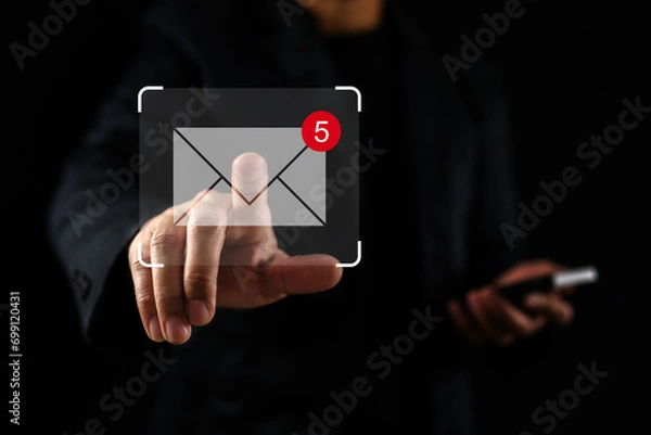 Fototapeta Concept about new email notification for business email communication, businessman and message notification on virtual screen. Inbox receiving electronic message alert, contacts.