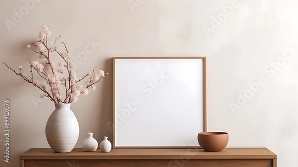 Fototapeta Stylish scanidnavian interior with mock up photo frame, design accessories and plants on the wooden desk. Beautiful mirror on the white wall. Creative desk of home decor. Generative Ai