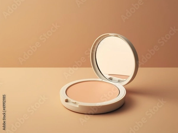 Fototapeta Cosmetic makeup cheek blush compact or face concealer powder in gold a pack on a pastel background suitable for mockup product or branding packaging.