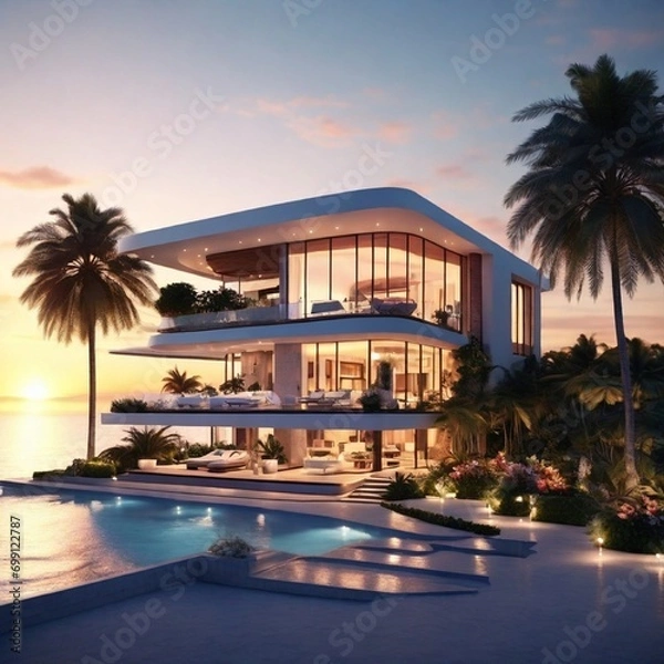 Obraz pool at night in hotel generated Ai