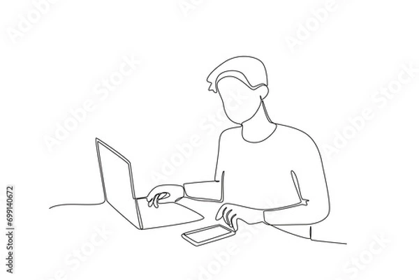 Fototapeta Single continuous line drawing of Man working from home using laptop and cellphone. Remote work from home. Online education, studying student. One line draw graphic design vector illustration

