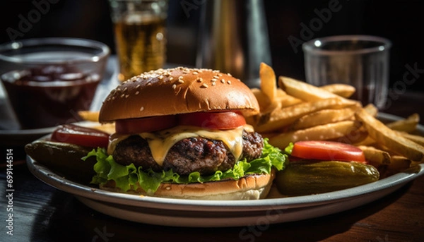 Fototapeta Grilled beef burger with cheese, fries, and refreshing cola drink generated by AI