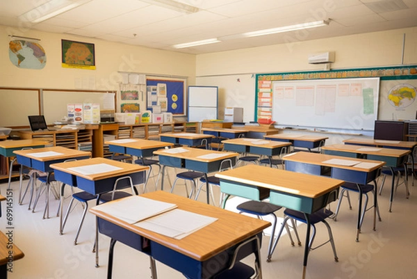 Fototapeta Empty classroom with wooden desks and board. Generative AI