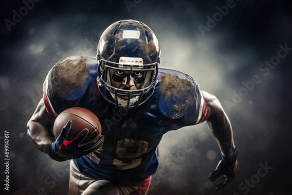 Fototapeta Epic portrait of American football player running. Generative AI