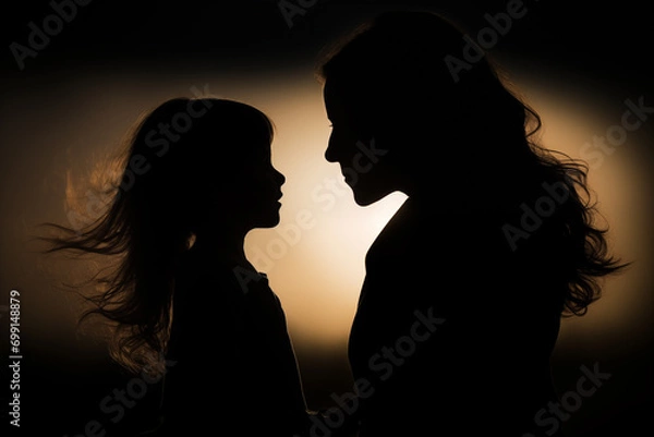 Fototapeta Silhouette of mother and daughter portrait at sunset. Generative AI