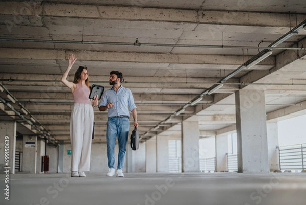 Fototapeta Young, successful business partners discussing ideas for growth and expansion while inspecting a new under-construction building in the heart of the city center on a cloudy day.