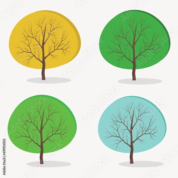 Fototapeta Set for concept design. Beautiful illustration from a set of trees seasons. Ecology concept.Cartoon poster with green trees in spring summer autumn winter.