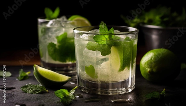 Fototapeta Refreshing mojito cocktail with lime, mint leaf, and citrus fruit generated by AI