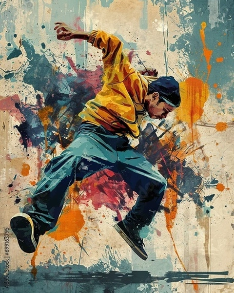 Fototapeta Urban Rhythm: 80s Breakdancer on Graffiti-Covered Ground Poster