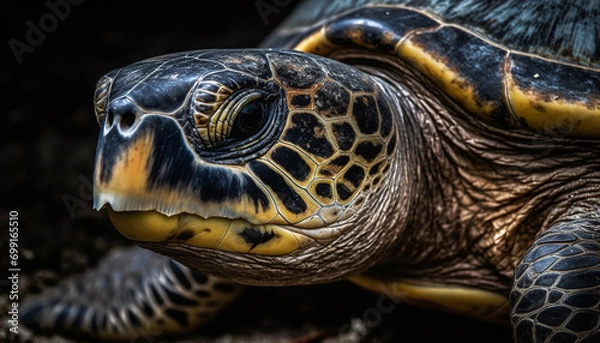 Fototapeta Close up of a turtle shell, showcasing its beautiful multi colored pattern generated by AI