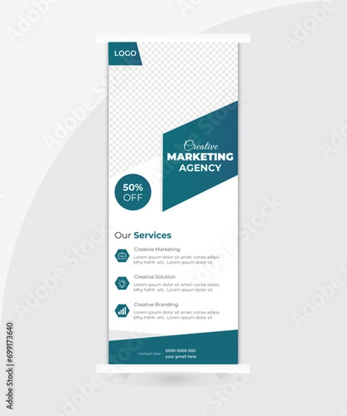Fototapeta Banner roll-up design, business concept, Standee Design. layout for placement of photos.Universal stand for conference,  x-banner, exhibition display.