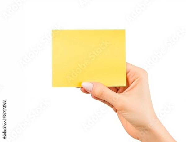 Fototapeta Woman hand holding yellow post-it notes mockup isolated on white background. Close up of hand showing square post it. Template with place for text.