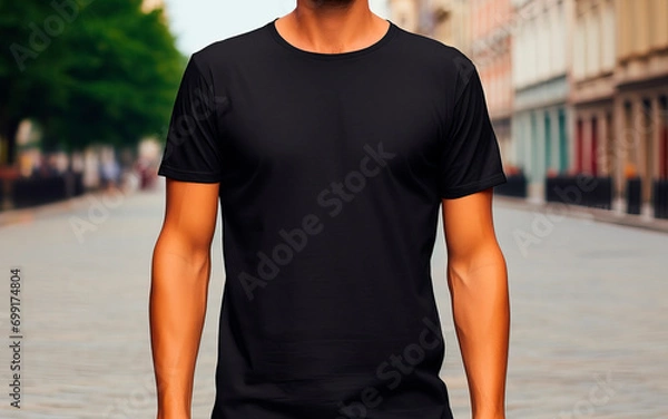 Obraz Mockup for men's black t-shirt with the model in an outdoor area (Generative AI)
