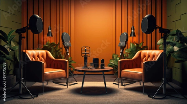 Fototapeta Studio interior for podcast and interview with two chairs