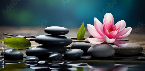 Fototapeta Concept spa relax, Buddha nature. Pink water lily lotus flower with stones in water, bokeh background with copy space.