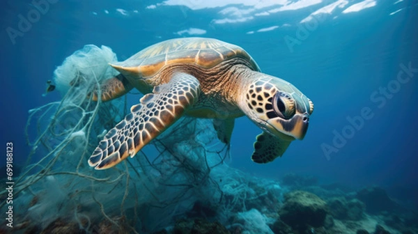 Fototapeta sea turtle entangled in discarded fishing nets, representing ocean pollution generative ai