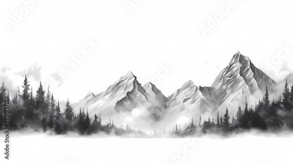 Fototapeta Black and white hand drawn pencil sketch of mountain scene with rocky peaks in graphic style on white background. Silhouette concept