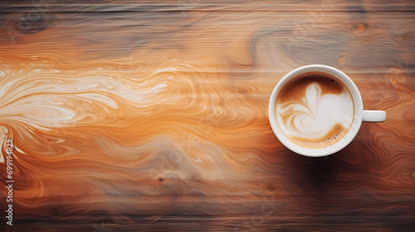 Fototapeta Fluid art, tea and coffee mix swirls, watercolor texture, ethereal tones, dreamy atmosphere, cool lights, on rustic wooden table