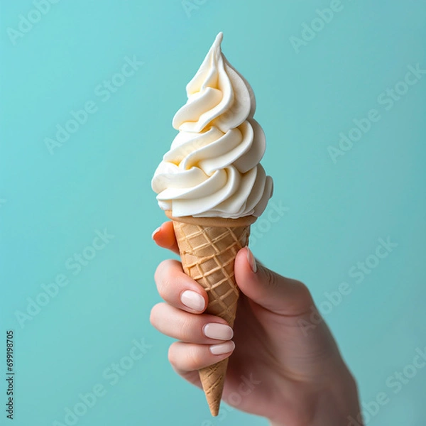 Obraz Vanilla Flavor Ice Cream soft serve in crispy cone with hand holding