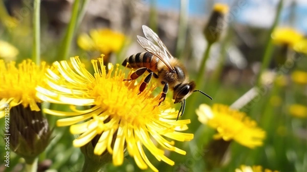 Fototapeta Bee's Journey: A Close-Up Encounter in a Blooming Spring Meadow