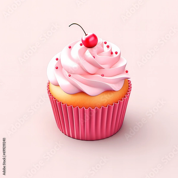 Obraz 3D cupcake with pink frosting and cherry on top (Generative AI)