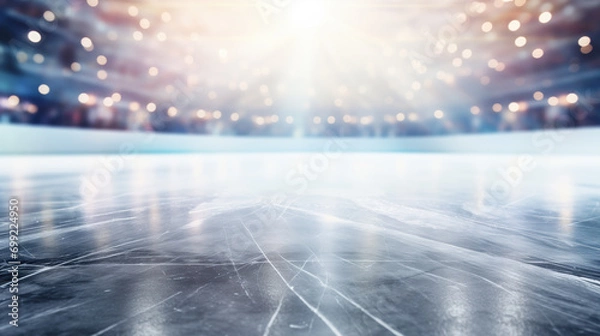 Obraz Empty ice skating arena with blurry bokeh lights. Festive background, scratched surface of the skating rink with skate marks. Winter holidays theme. Copy space.