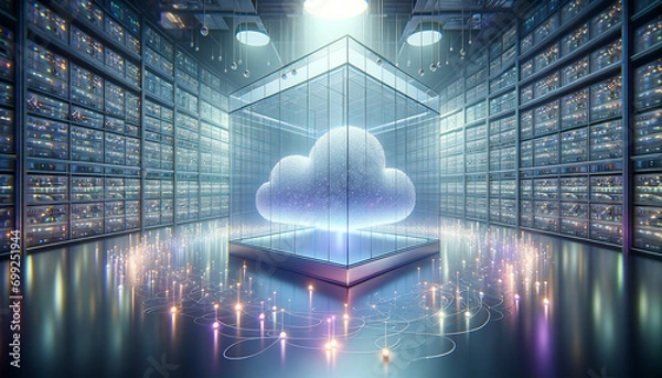 Obraz Serene data warehouse with flowing luminous streams on calming gradient background.