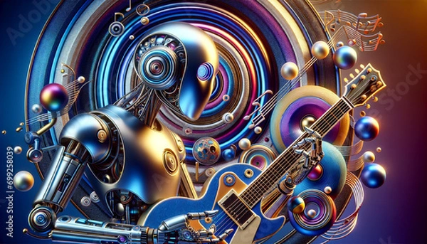 Fototapeta Futuristic AI Music Fusion: Metallic android playing retro-futuristic instruments in vibrant setting.