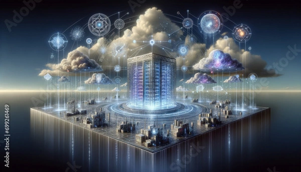 Obraz Futuristic edge computing concept with crystalline server and surreal digital landscapes