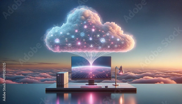 Obraz Tranquil cloud computing workstation with minimalist design and soft neon accents.