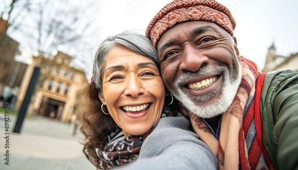Fototapeta Senior couple taking selfie with smart mobile phone outside , Two aged tourists enjoying together summer vacation , Life style with mature female and male smiling at camera