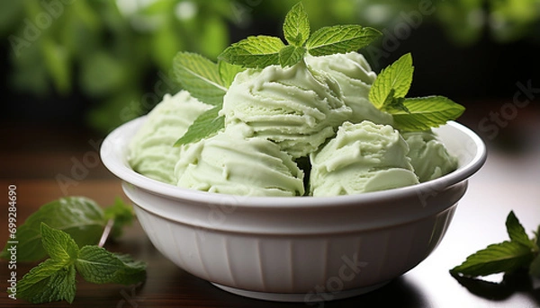 Obraz Fresh mint leaf on a bowl of sweet peppermint ice cream generated by AI